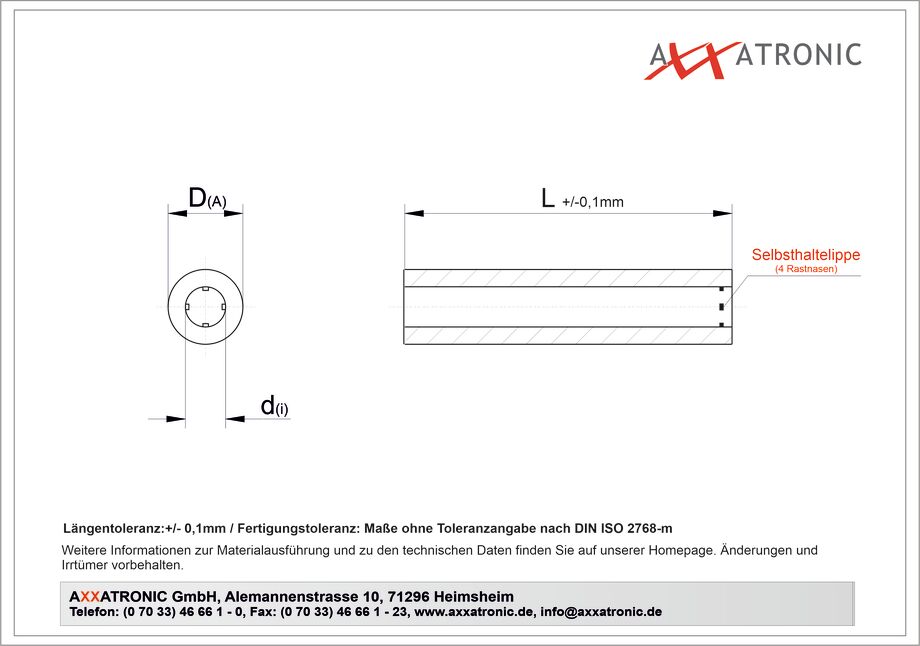 Abstandsrolle AD 4 mm / ID 2,2 mm | Polyamid | ohne Gewinde | Selbsthaltelippe technische Zeichnung