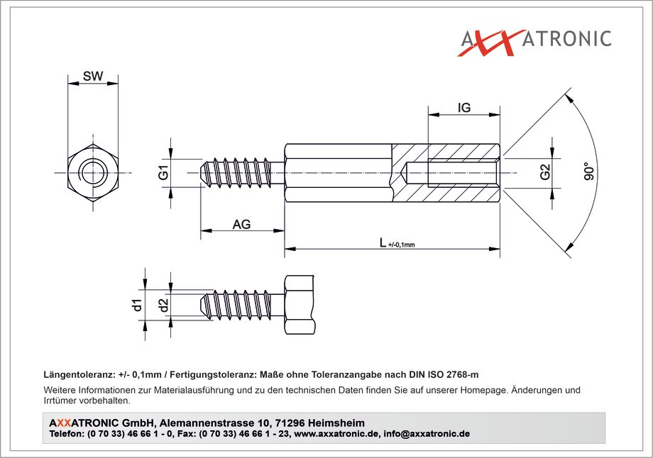 Abstandsbolzen M2,5 / ST2,6 | Messing vernickelt | IG/AG selbstschneidend | SW 5 mm technische Zeichnung