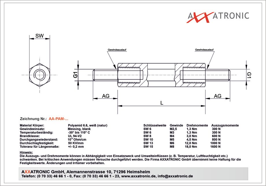 Abstandsbolzen M3 | Polyamid 6.6 mit Metallgewindeeinsatz | AG/AG | SW 6 mm technische Zeichnung