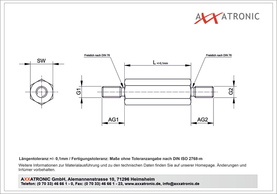 Abstandsbolzen M2 | Messing vernickelt | AG/AG | SW 4 mm technische Zeichnung