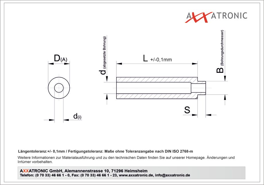 Abstandsrolle AD 10 mm / ID 4,2 mm | Polystyrol | ohne Gewinde technische Zeichnung
