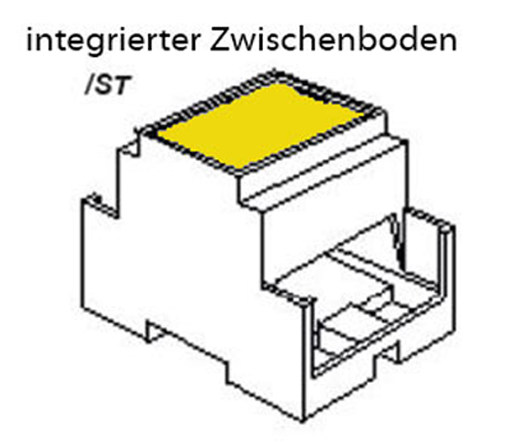 Hutschienengehäuse Serie CNMB_Gehäuse mit zwei Öffnungen für Klemmenabgänge_Zeichnung Gehäuse mit integriertem Zwischenboden
