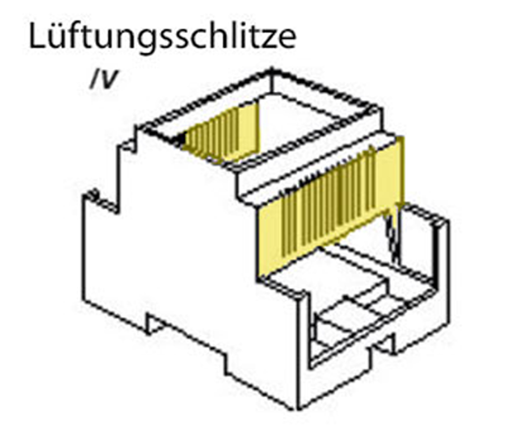 Hutschienengehäuse Serie CNMB_Gehäuse mit zwei Öffnungen für Klemmenabgänge_Zeichnung Gehäuse mit Lüftungsschlitze